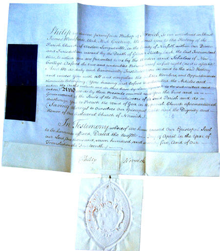 James Woodforde institution certificate 1775 450px