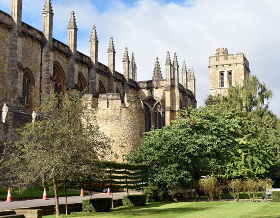 Oxford, New College from NE with wall and bell tower